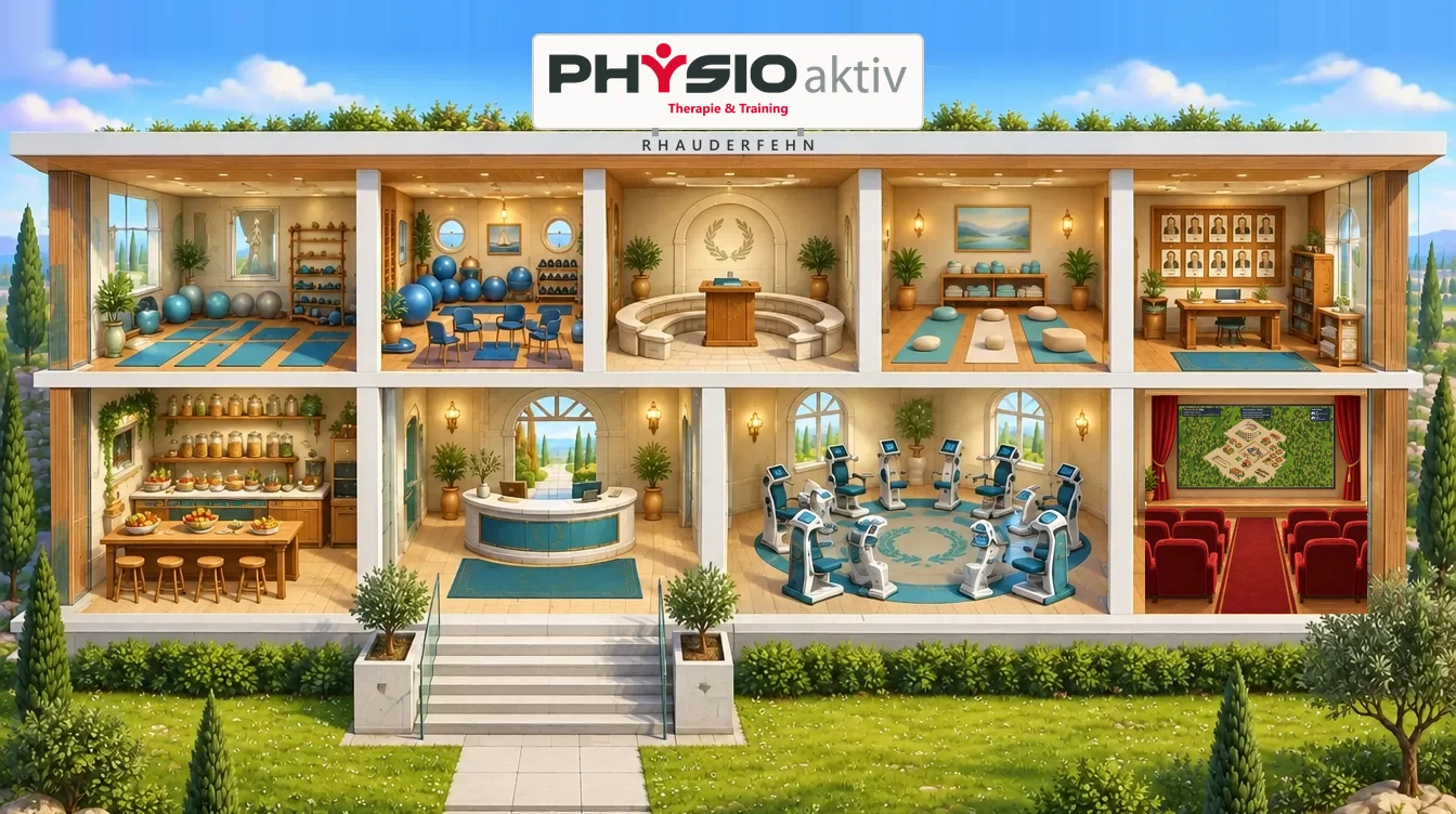 Die Praxis Physio Aktiv als modernes Gebäude im Querschnitt: oben Kursraum, Rehasport, Forum, Yoga und Personalbüro, unten Teeküche mit Müsli-Bar, Rezeption, Trainingsbereich und Vorführraum. Auf dem Giebel das Logo von Physio Aktiv, darunter Rhauderfehn.